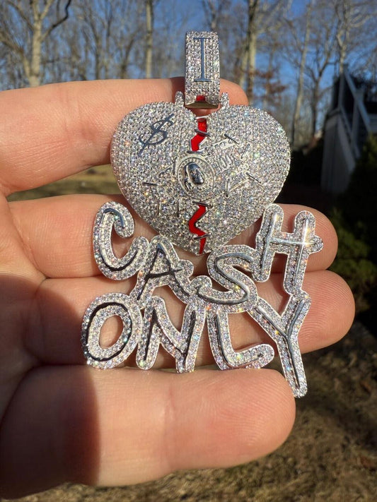 HarlemBling MOISSANITE No Love Broken Heart "CASH ONLY" Hip Hop Pendant - 14k Gold Vermeil Or 925 Silver - Large 3"