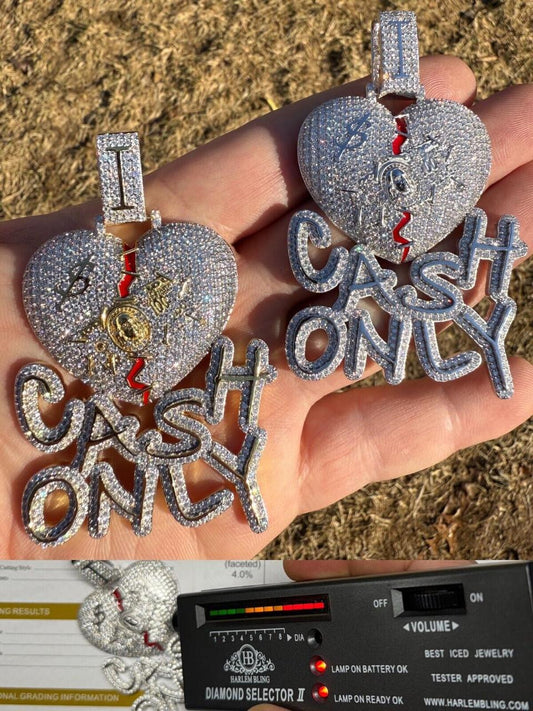 HarlemBling MOISSANITE No Love Broken Heart "CASH ONLY" Hip Hop Pendant - 14k Gold Vermeil Or 925 Silver - Large 3"
