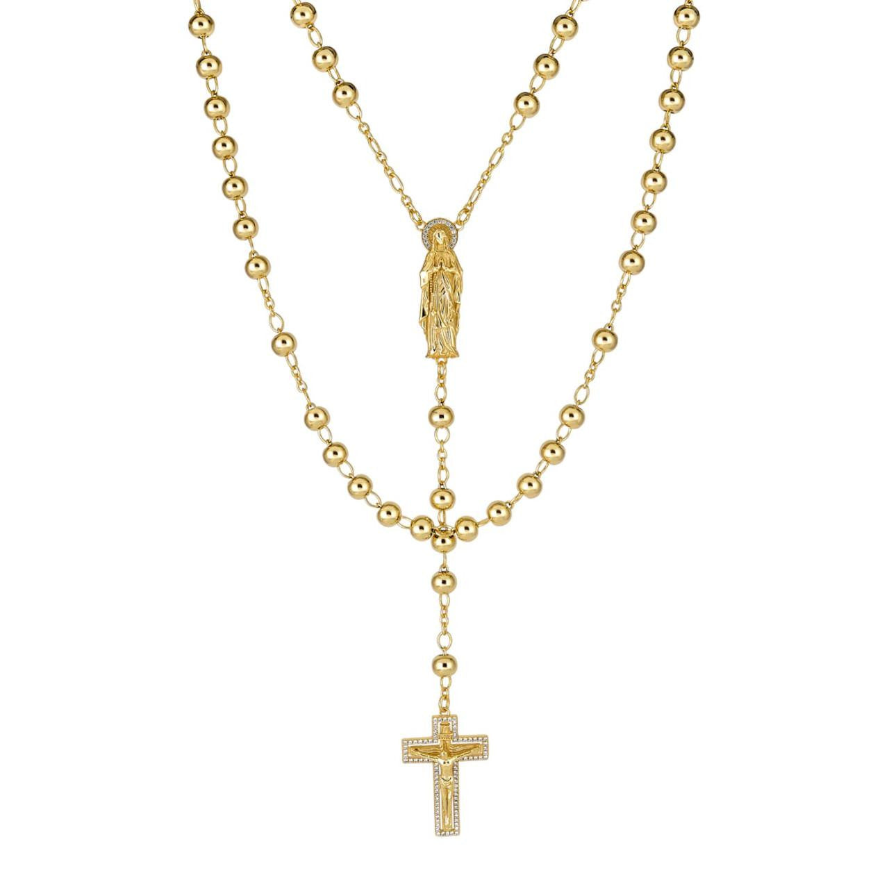 HarlemBling MOISSANITE Our Divine Mother Of Jesus Rosary Beads Necklace Iced Out - 14k Gold Vermeil 925 Silver - 6mm - 30"