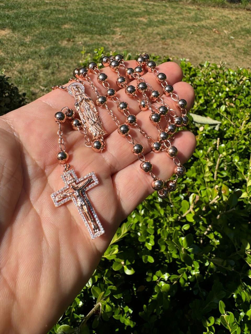 HarlemBling MOISSANITE Our Divine Mother Of Jesus Rosary Beads Necklace Iced Out - 14k Rose Gold Vermeil 925 Silver - 6mm - 30"