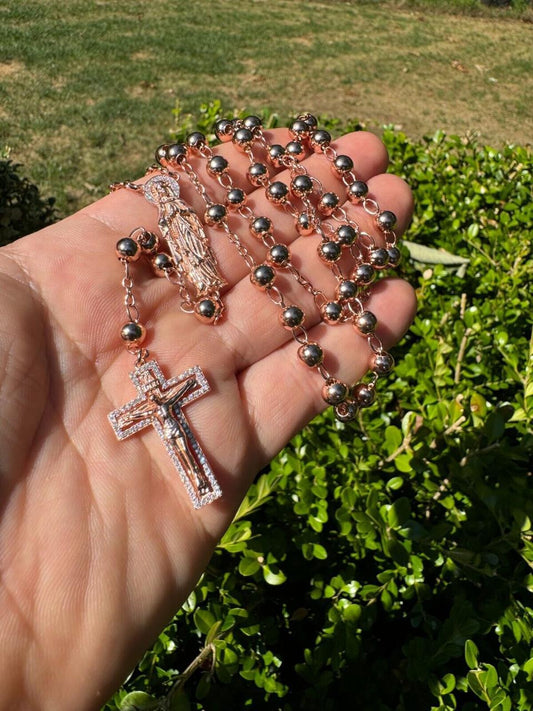 HarlemBling MOISSANITE Our Divine Mother Of Jesus Rosary Beads Necklace Iced Out - 14k Rose Gold Vermeil 925 Silver - 6mm - 30"