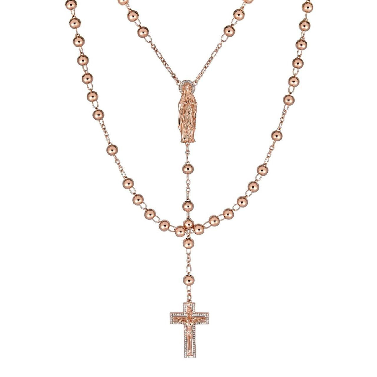 HarlemBling MOISSANITE Our Divine Mother Of Jesus Rosary Beads Necklace Iced Out - 14k Rose Gold Vermeil 925 Silver - 6mm - 30"