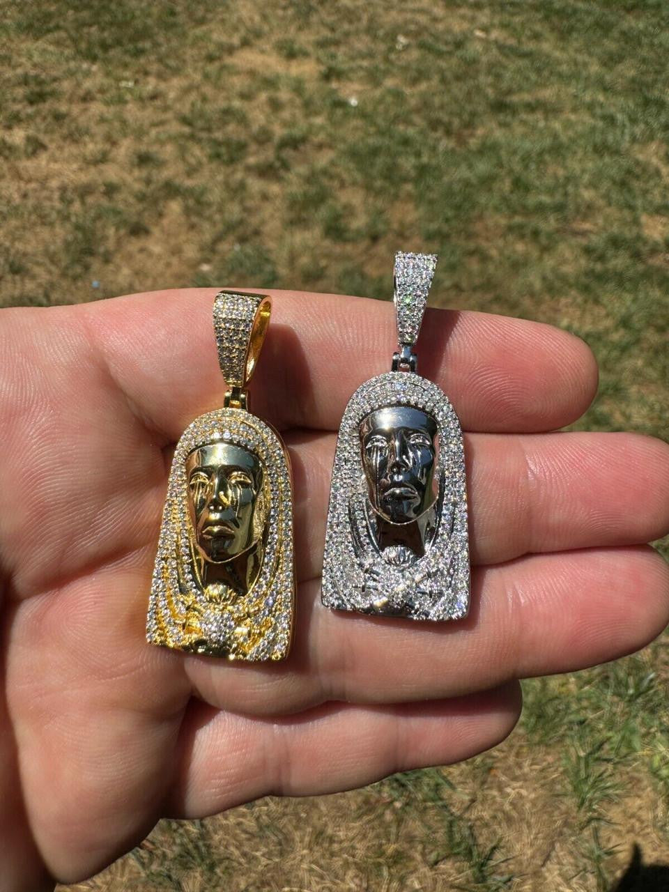 HarlemBling MOISSANITE Our Lady Of Sorrows Virgin Mary Pendant - 14k Yellow Gold Vermeil Or 925 Silver - Medium 1.75"