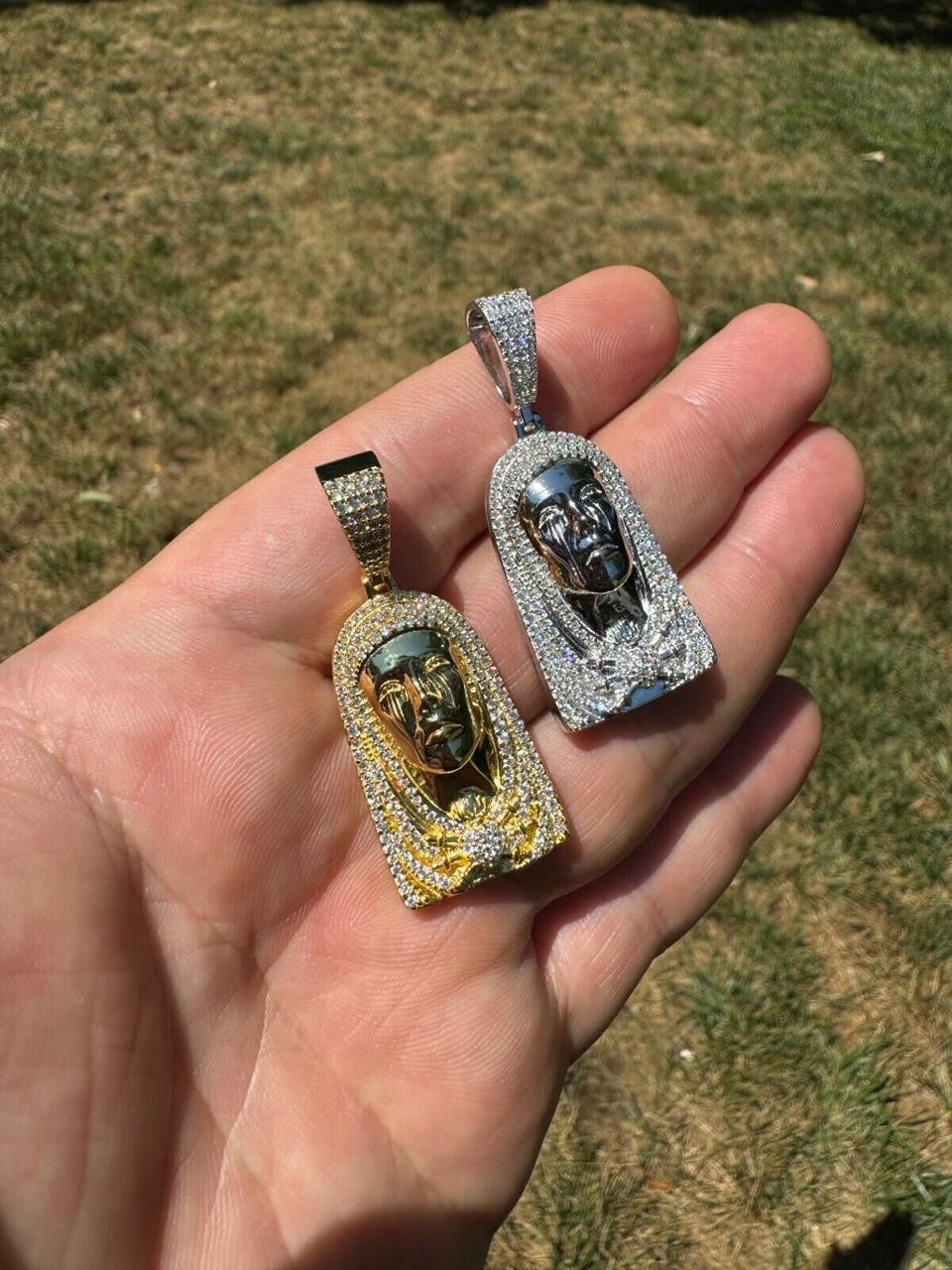 HarlemBling MOISSANITE Our Lady Of Sorrows Virgin Mary Pendant - 14k Yellow Gold Vermeil Or 925 Silver - Medium 1.75"