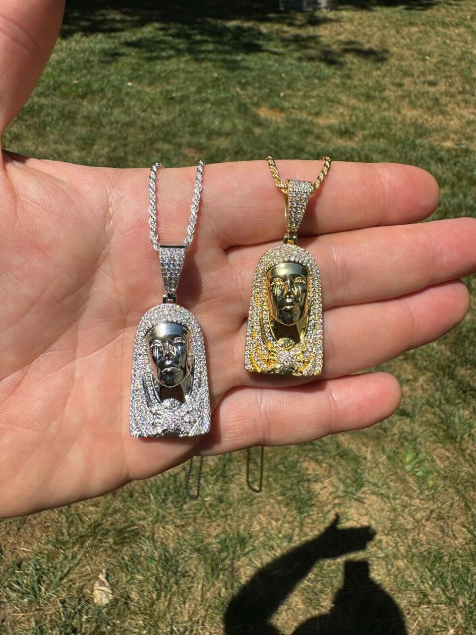 HarlemBling MOISSANITE Our Lady Of Sorrows Virgin Mary Pendant - 14k Yellow Gold Vermeil Or 925 Silver - Medium 1.75"