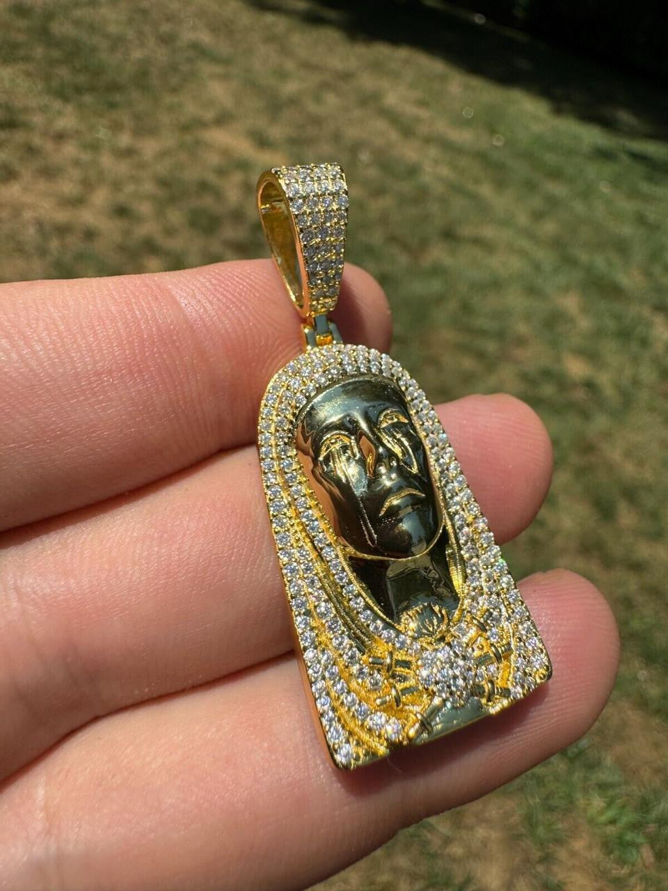 HarlemBling MOISSANITE Our Lady Of Sorrows Virgin Mary Pendant - 14k Yellow Gold Vermeil Or 925 Silver - Medium 1.75"