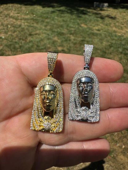 HarlemBling MOISSANITE Our Lady Of Sorrows Virgin Mary Pendant - 14k Yellow Gold Vermeil Or 925 Silver - Medium 1.75"