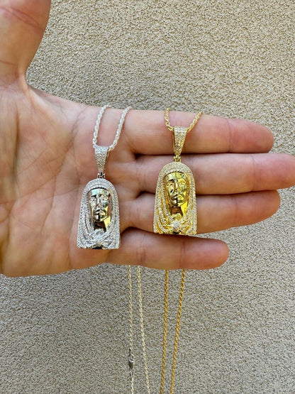 HarlemBling MOISSANITE Our Lady Of Sorrows Virgin Mary Pendant - 14k Yellow Gold Vermeil Or 925 Silver - Medium 1.75"