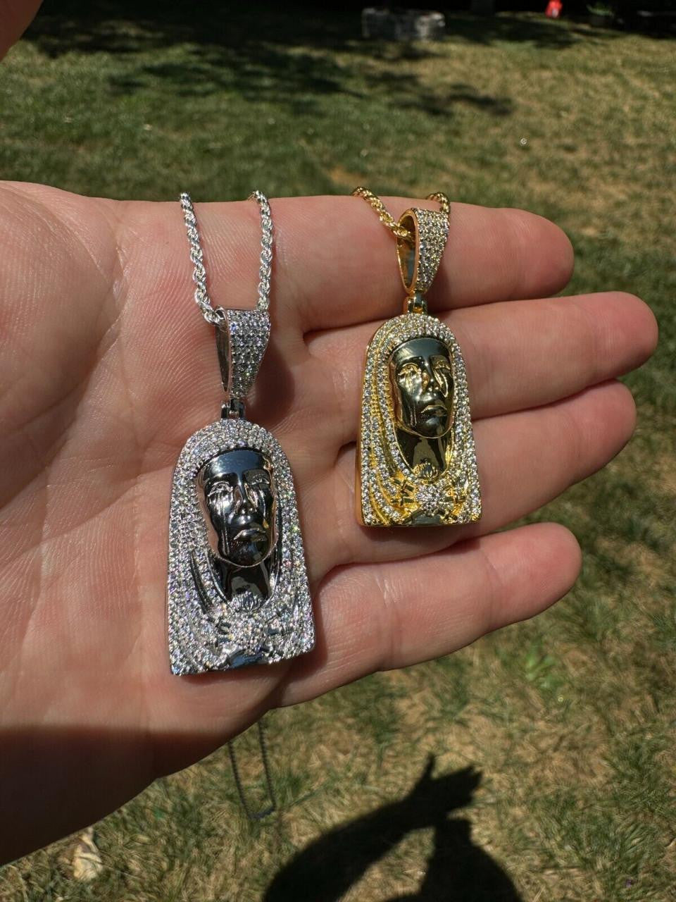 HarlemBling MOISSANITE Our Lady Of Sorrows Virgin Mary Pendant - 14k Yellow Gold Vermeil Or 925 Silver - Medium 1.75"