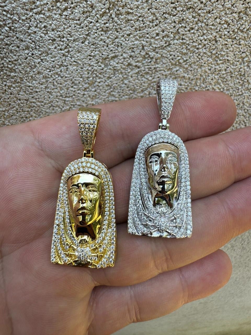 HarlemBling MOISSANITE Our Lady Of Sorrows Virgin Mary Pendant - 14k Yellow Gold Vermeil Or 925 Silver - Medium 1.75"