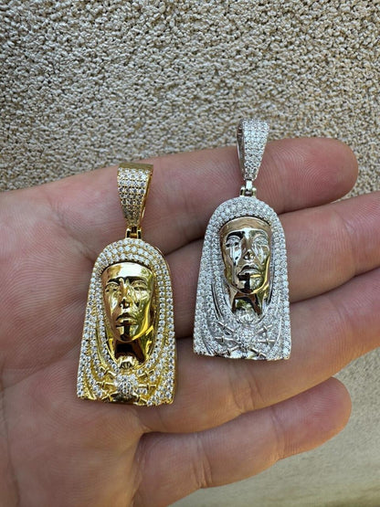 HarlemBling MOISSANITE Our Lady Of Sorrows Virgin Mary Pendant - 14k Yellow Gold Vermeil Or 925 Silver - Medium 1.75"