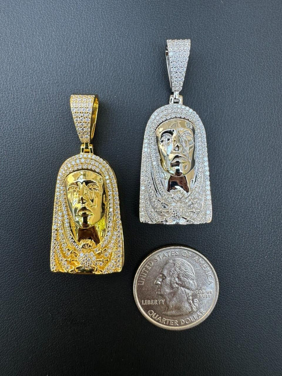 HarlemBling MOISSANITE Our Lady Of Sorrows Virgin Mary Pendant - 14k Yellow Gold Vermeil Or 925 Silver - Medium 1.75"