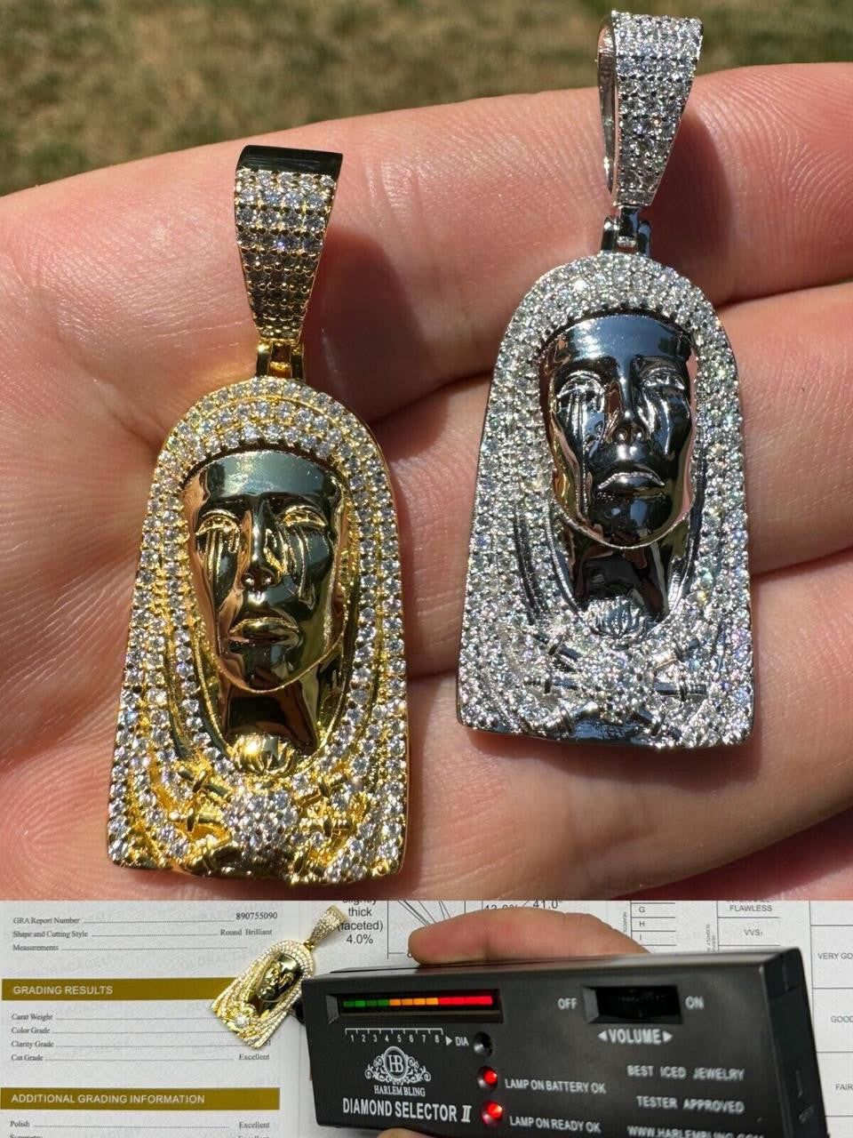 HarlemBling MOISSANITE Our Lady Of Sorrows Virgin Mary Pendant - 14k Yellow Gold Vermeil Or 925 Silver - Medium 1.75"