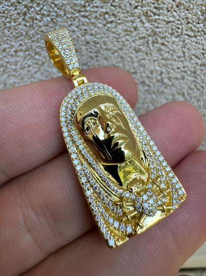 HarlemBling MOISSANITE Our Lady Of Sorrows Virgin Mary Pendant - 14k Yellow Gold Vermeil Or 925 Silver - Medium 1.75"