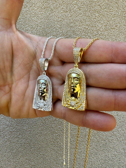 HarlemBling MOISSANITE Our Lady Of Sorrows Virgin Mary Pendant - 14k Yellow Gold Vermeil Or 925 Silver - Medium 1.75"