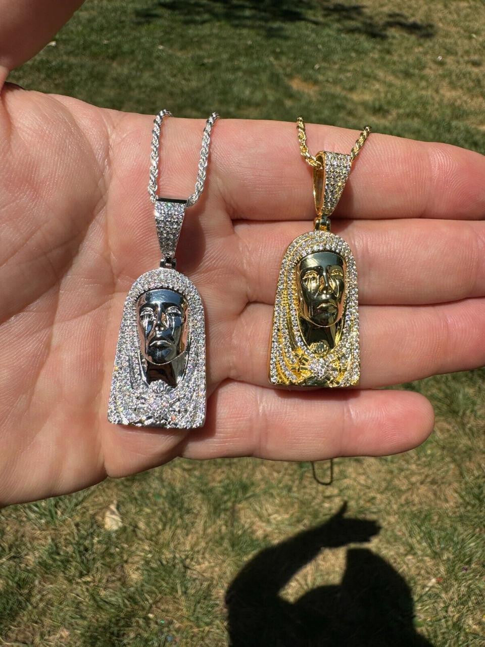 HarlemBling MOISSANITE Our Lady Of Sorrows Virgin Mary Pendant - 14k Yellow Gold Vermeil Or 925 Silver - Medium 1.75"