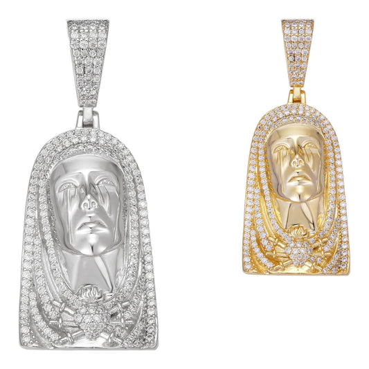 HarlemBling MOISSANITE Our Lady Of Sorrows Virgin Mary Pendant - 14k Yellow Gold Vermeil Or 925 Silver - Medium 1.75"