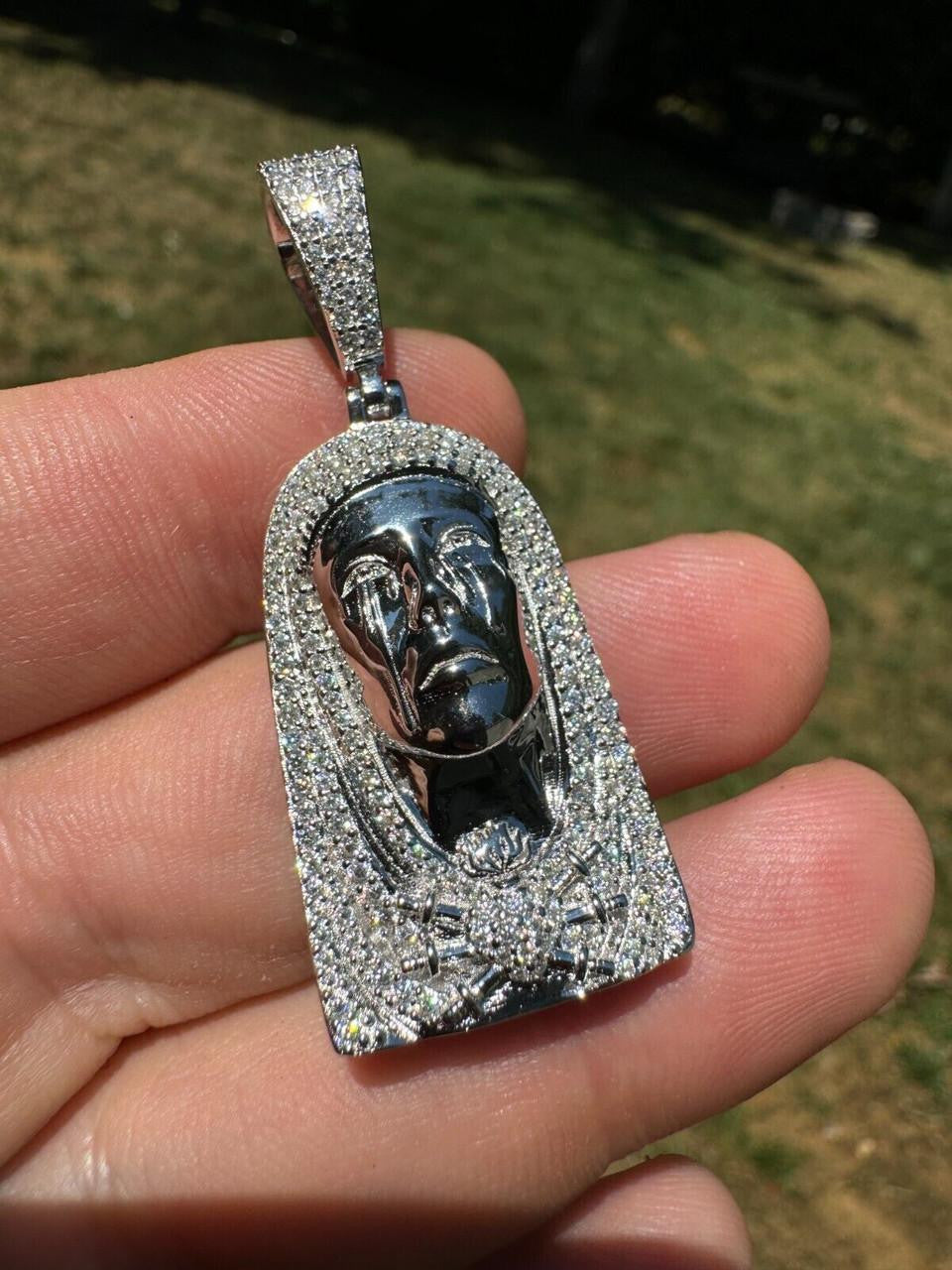 HarlemBling MOISSANITE Our Lady Of Sorrows Virgin Mary Pendant - 14k Yellow Gold Vermeil Or 925 Silver - Medium 1.75"