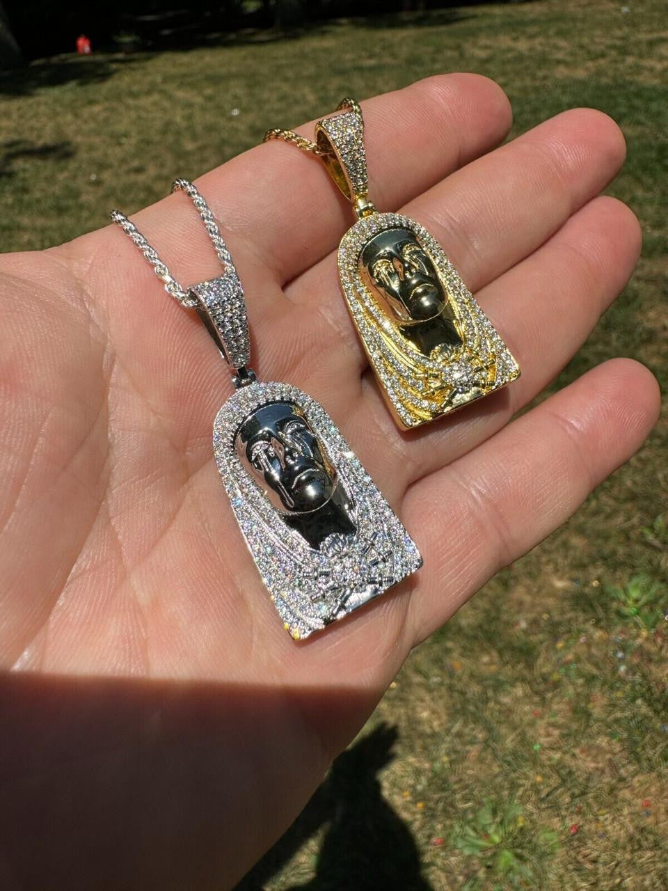 HarlemBling MOISSANITE Our Lady Of Sorrows Virgin Mary Pendant - 14k Yellow Gold Vermeil Or 925 Silver - Medium 1.75"