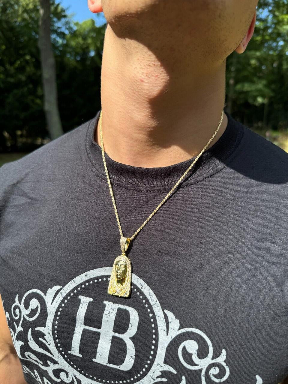 HarlemBling MOISSANITE Our Lady Of Sorrows Virgin Mary Pendant - 14k Yellow Gold Vermeil Or 925 Silver - Medium 1.75"