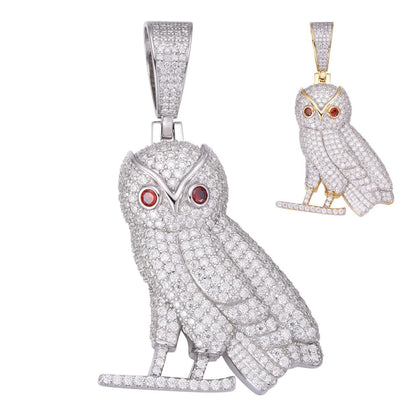 HarlemBling MOISSANITE Owl Iced Out Pendant - 14k Gold Vermeil Or 925 Silver - Medium 2.25"