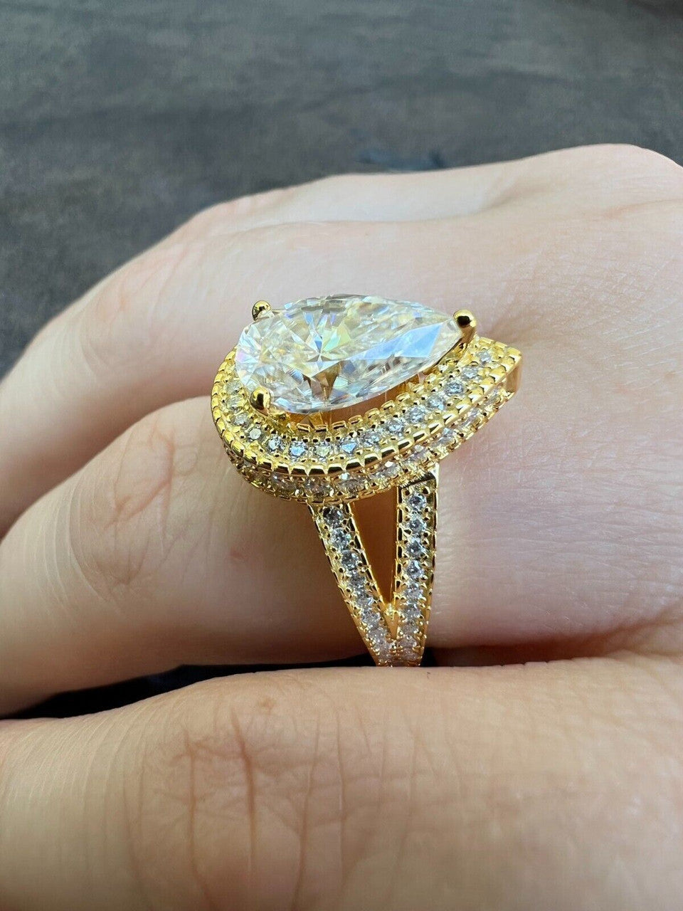 HarlemBling Moissanite Pear Tear Drop Engagement Promise Ring 14k Gold 925 Plated Silver