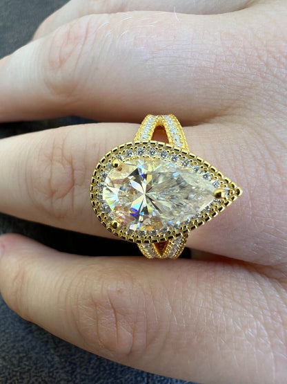 HarlemBling Moissanite Pear Tear Drop Engagement Promise Ring 14k Gold 925 Plated Silver
