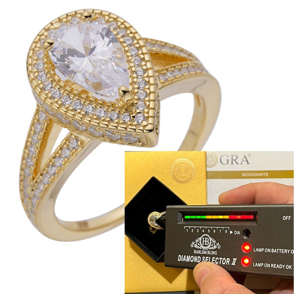 HarlemBling Moissanite Pear Tear Drop Engagement Promise Ring 14k Gold 925 Plated Silver