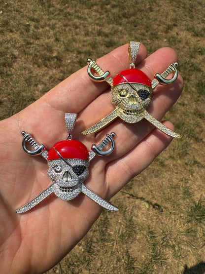 HarlemBling MOISSANITE Pirate Skull & Crossbones Pendant - 14k Gold Vermeil Or 925 Silver - Large 2.25"