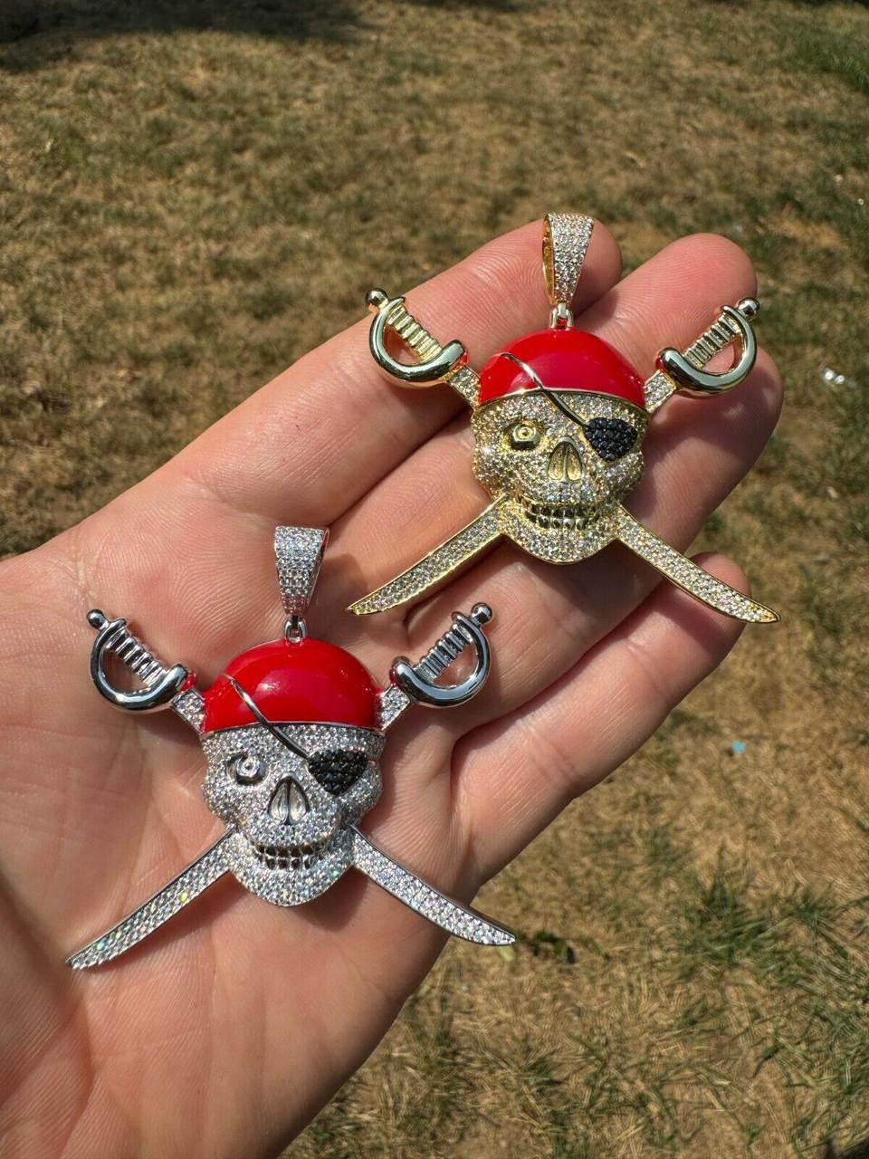 HarlemBling MOISSANITE Pirate Skull & Crossbones Pendant - 14k Gold Vermeil Or 925 Silver - Large 2.25"