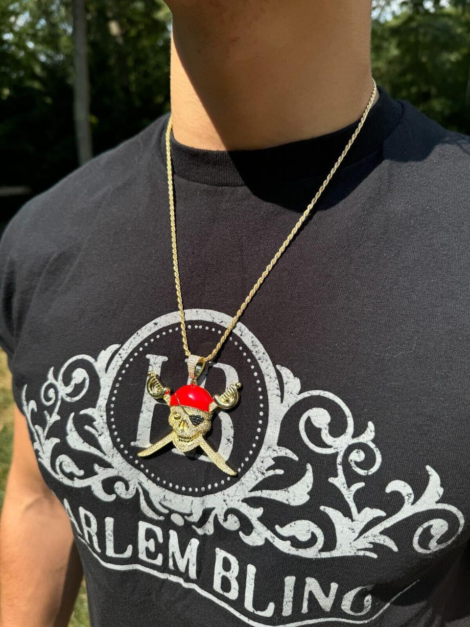 HarlemBling MOISSANITE Pirate Skull & Crossbones Pendant - 14k Gold Vermeil Or 925 Silver - Large 2.25"