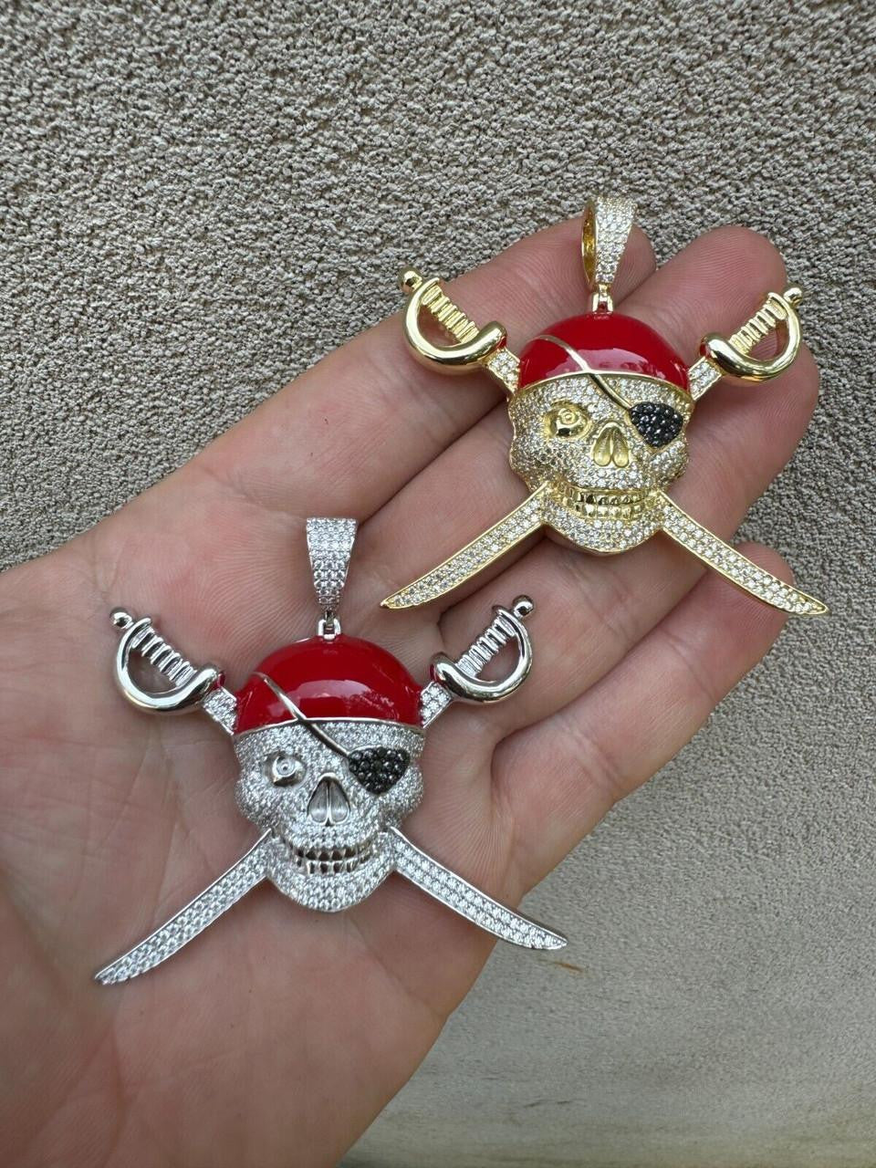 HarlemBling MOISSANITE Pirate Skull & Crossbones Pendant - 14k Gold Vermeil Or 925 Silver - Large 2.25"