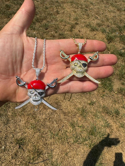 HarlemBling MOISSANITE Pirate Skull & Crossbones Pendant - 14k Gold Vermeil Or 925 Silver - Large 2.25"