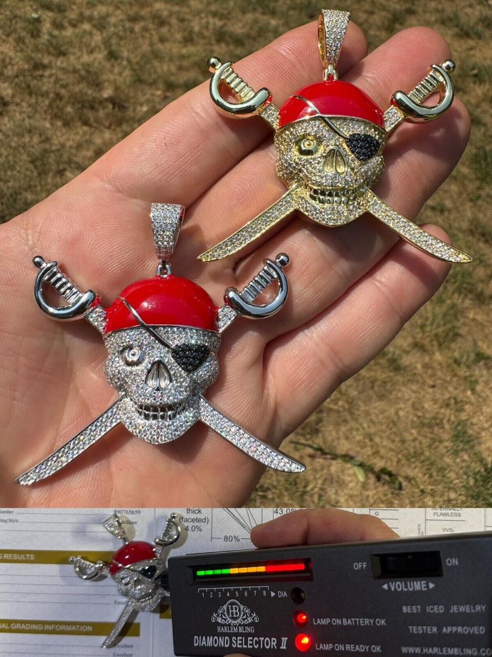 HarlemBling MOISSANITE Pirate Skull & Crossbones Pendant - 14k Gold Vermeil Or 925 Silver - Large 2.25"