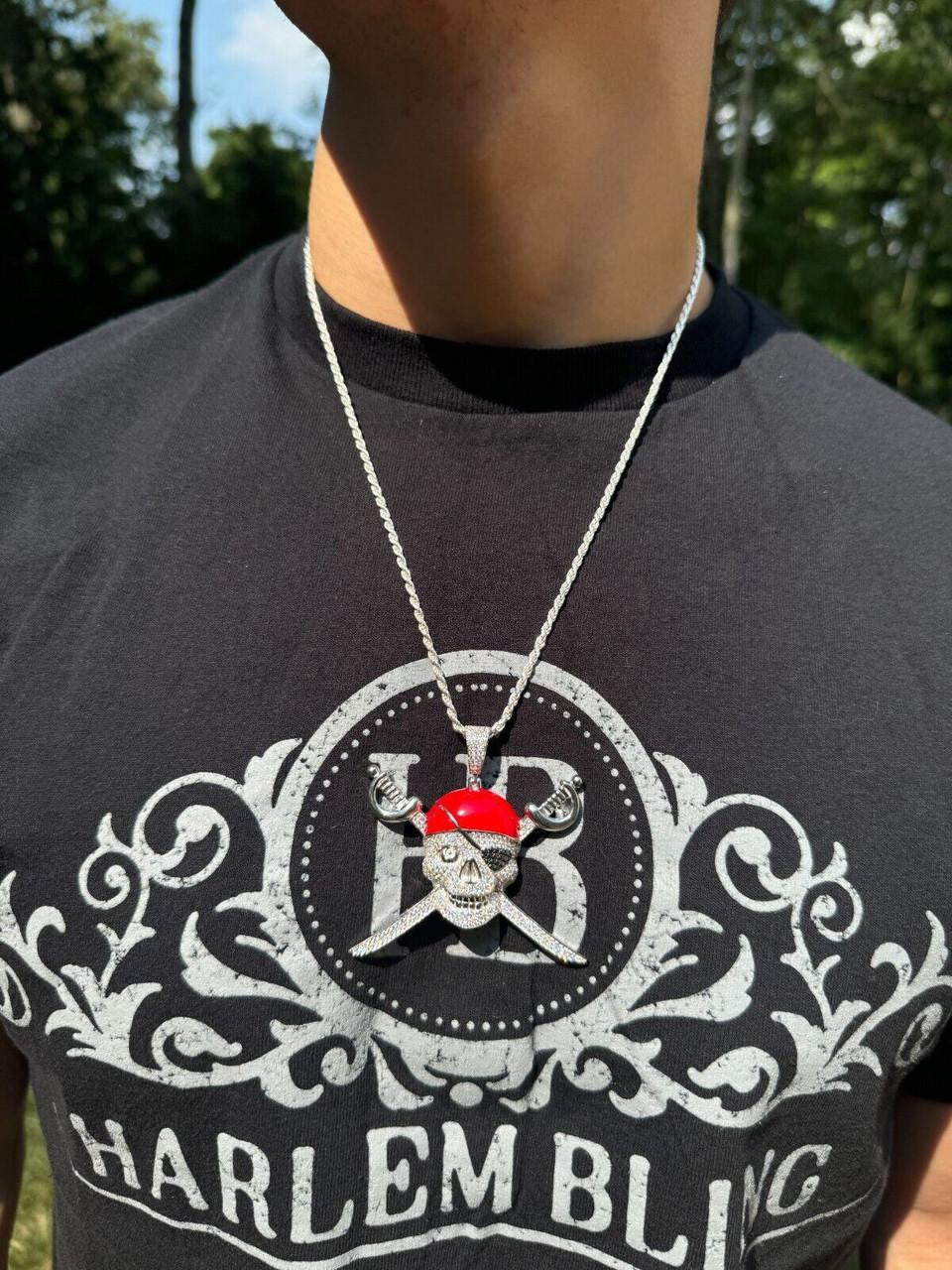 HarlemBling MOISSANITE Pirate Skull & Crossbones Pendant - 14k Gold Vermeil Or 925 Silver - Large 2.25"