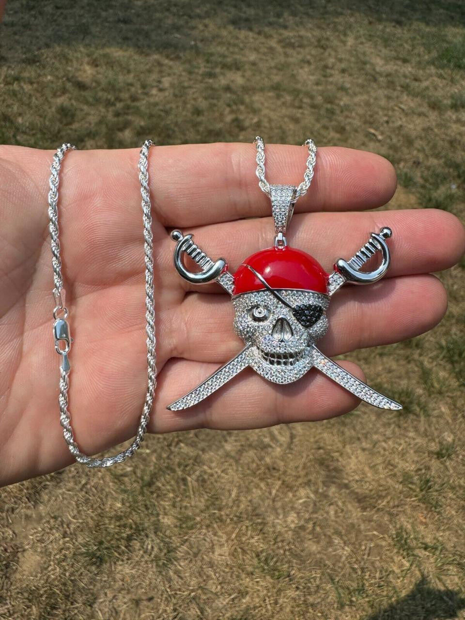 HarlemBling MOISSANITE Pirate Skull & Crossbones Pendant - 14k Gold Vermeil Or 925 Silver - Large 2.25"