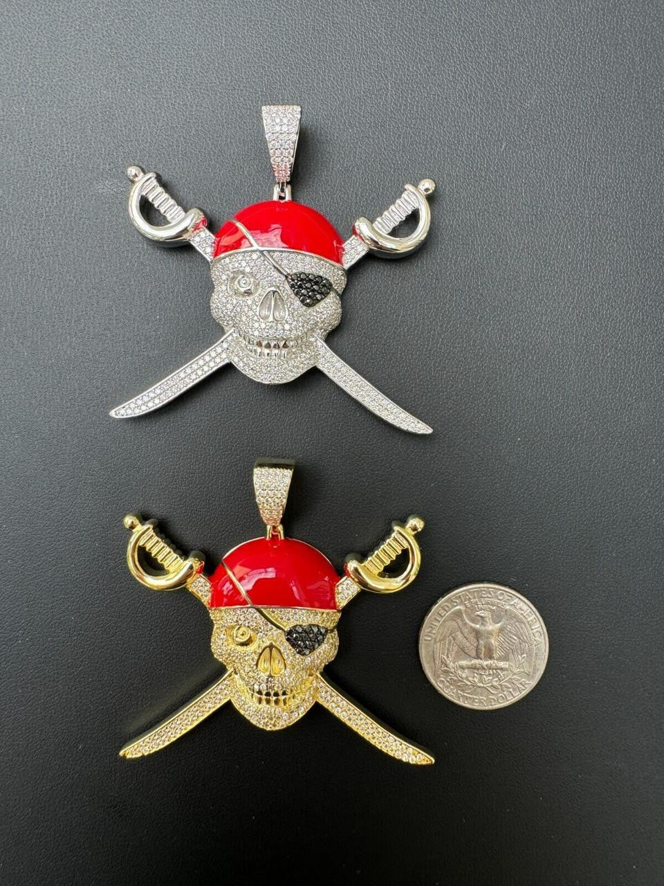 HarlemBling MOISSANITE Pirate Skull & Crossbones Pendant - 14k Gold Vermeil Or 925 Silver - Large 2.25"