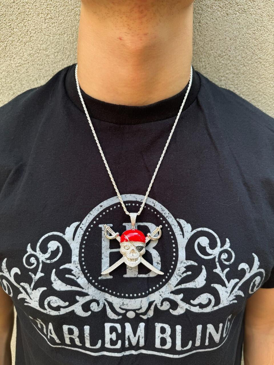 HarlemBling MOISSANITE Pirate Skull & Crossbones Pendant - 14k Gold Vermeil Or 925 Silver - Large 2.25"