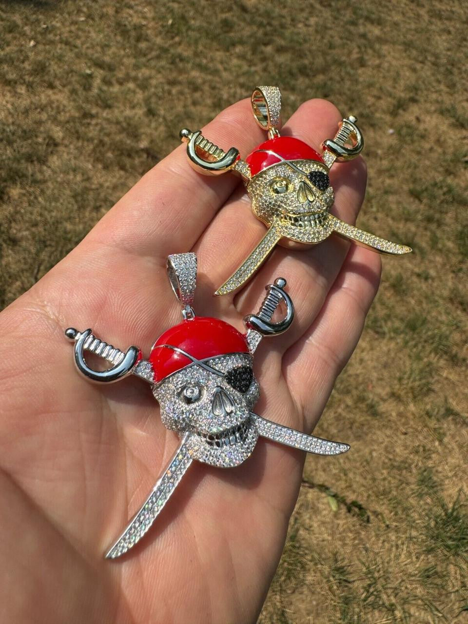 HarlemBling MOISSANITE Pirate Skull & Crossbones Pendant - 14k Gold Vermeil Or 925 Silver - Large 2.25"