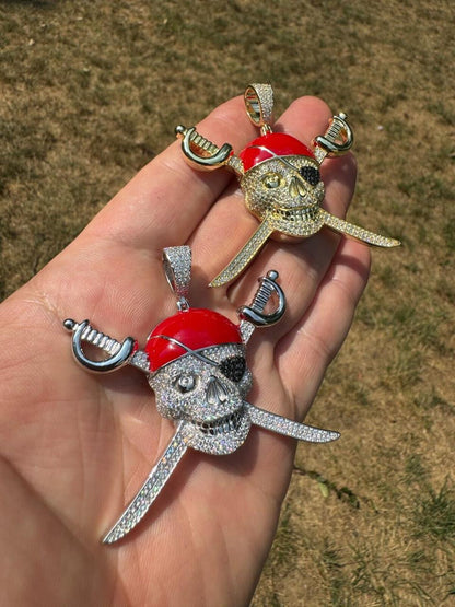HarlemBling MOISSANITE Pirate Skull & Crossbones Pendant - 14k Gold Vermeil Or 925 Silver - Large 2.25"