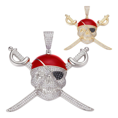 HarlemBling MOISSANITE Pirate Skull & Crossbones Pendant - 14k Gold Vermeil Or 925 Silver - Large 2.25"
