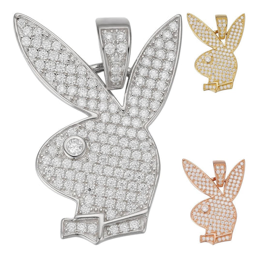 HarlemBling MOISSANITE Playboy Bunny Hip Hop Pendant - 14k Yellow/Rose Gold Vermeil Or 925 Silver - CZ Stones - Small 1"
