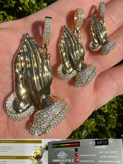 HarlemBling Moissanite Praying Folded Hands Pendant 14k Gold Over 925 Silver Iced Necklace