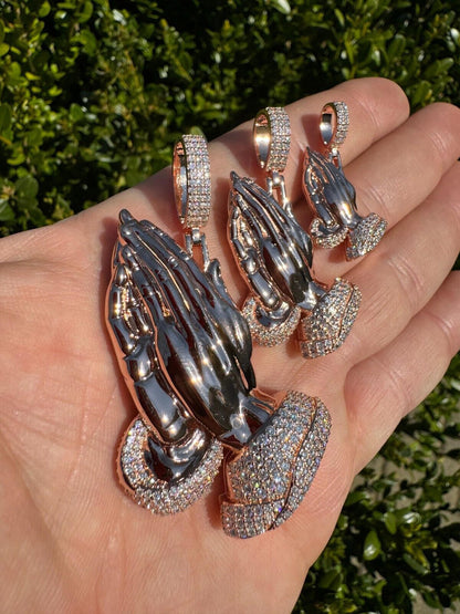 HarlemBling Moissanite Praying Folded Hands Pendant 14k Rose Gold 925 Silver Iced Necklace