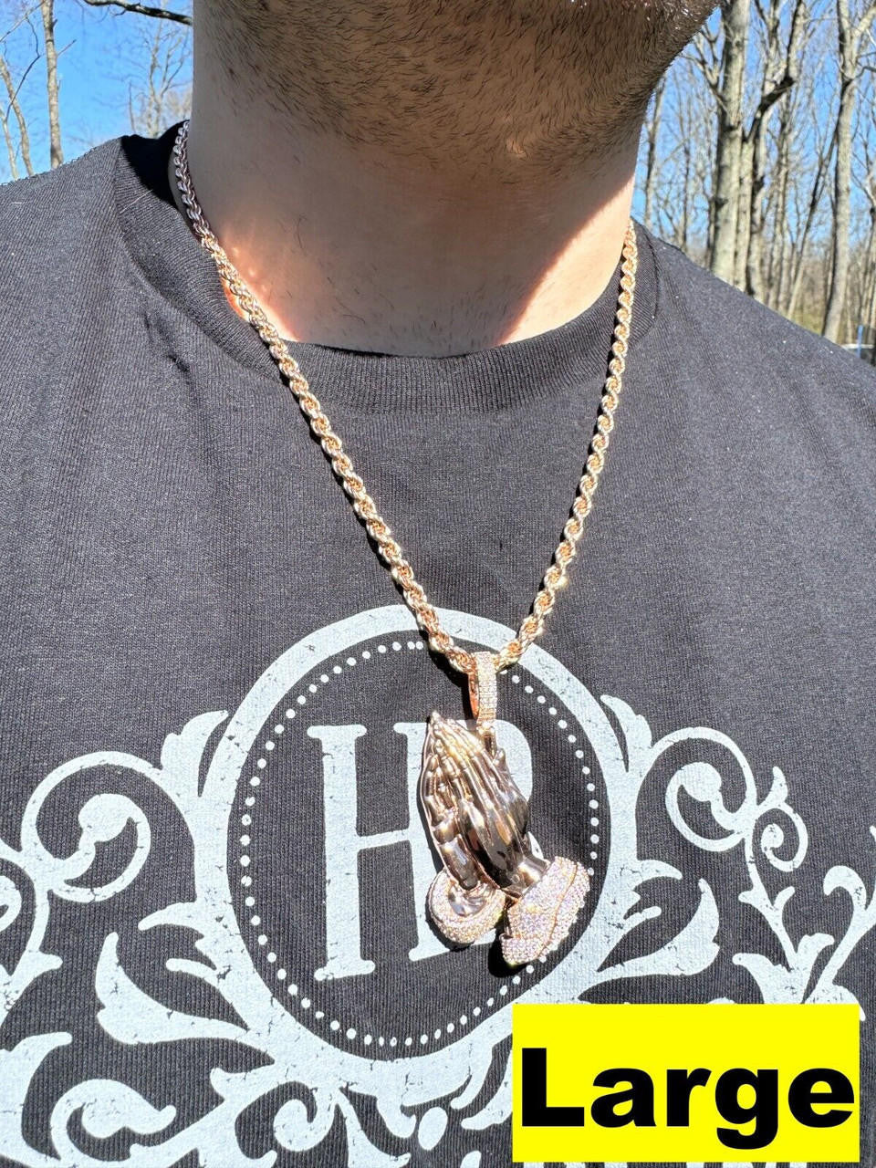 HarlemBling Moissanite Praying Folded Hands Pendant 14k Rose Gold 925 Silver Iced Necklace