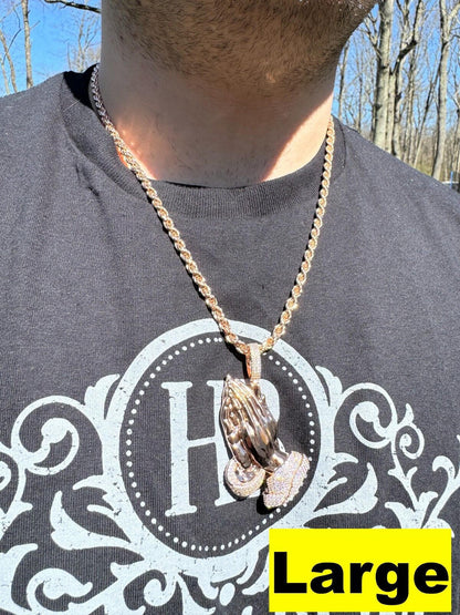 HarlemBling Moissanite Praying Folded Hands Pendant 14k Rose Gold 925 Silver Iced Necklace