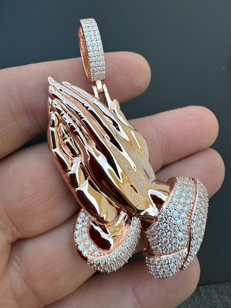 HarlemBling Moissanite Praying Folded Hands Pendant 14k Rose Gold 925 Silver Iced Necklace