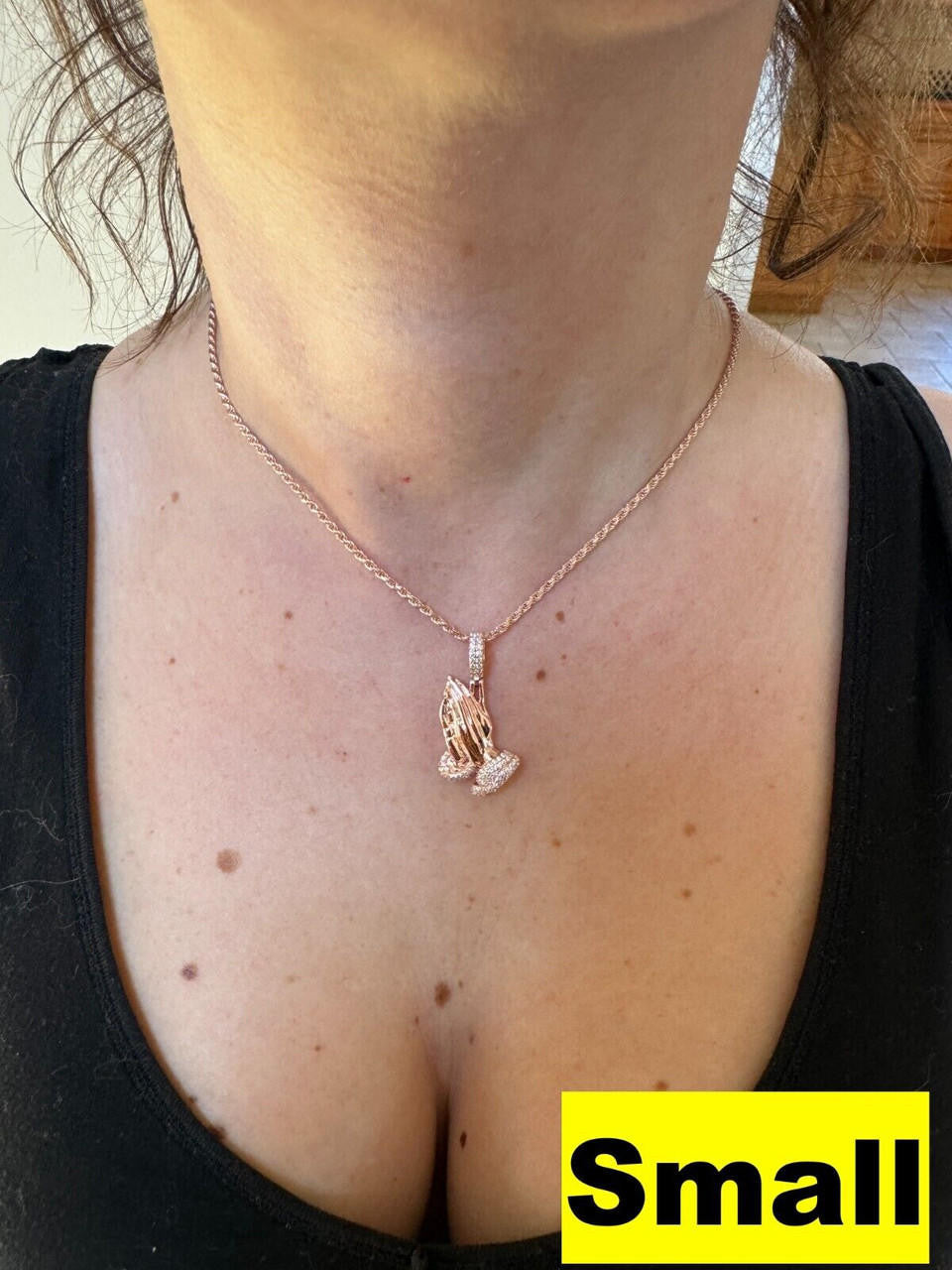 HarlemBling Moissanite Praying Folded Hands Pendant 14k Rose Gold 925 Silver Iced Necklace