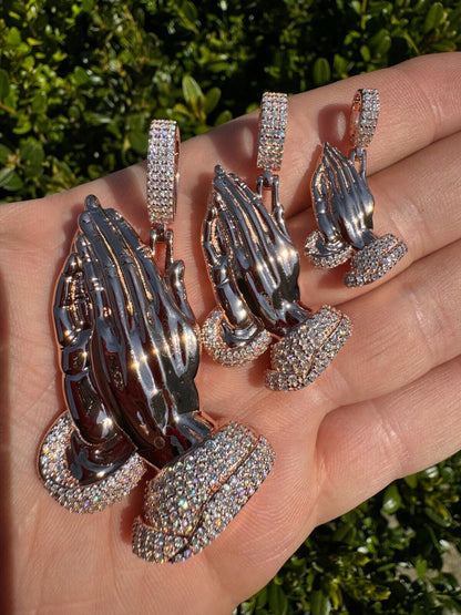 HarlemBling Moissanite Praying Folded Hands Pendant 14k Rose Gold 925 Silver Iced Necklace