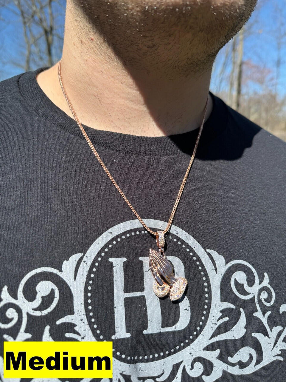 HarlemBling Moissanite Praying Folded Hands Pendant 14k Rose Gold 925 Silver Iced Necklace